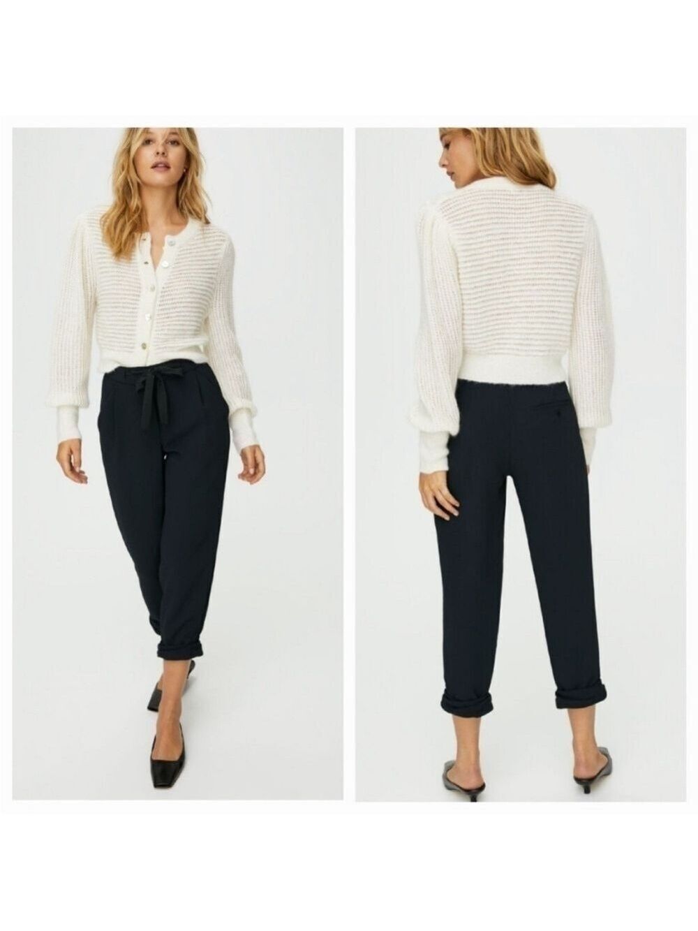 Aritzia Wilfred Allant Black Crepe Pant Tie Front Cuffed Crop Length, size 00